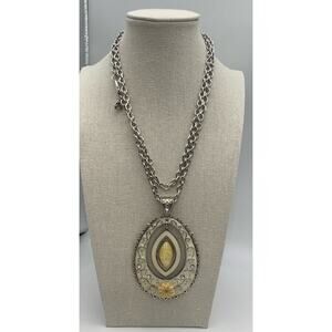 Beautiful White Enamel Silver Tone With Yellow Flower Large Statement Necklace